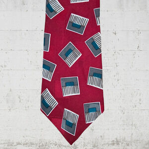 90s Vintage Red Silk Tie Woodward USA Made Necktie Retro Novelty Comb Print 4x57